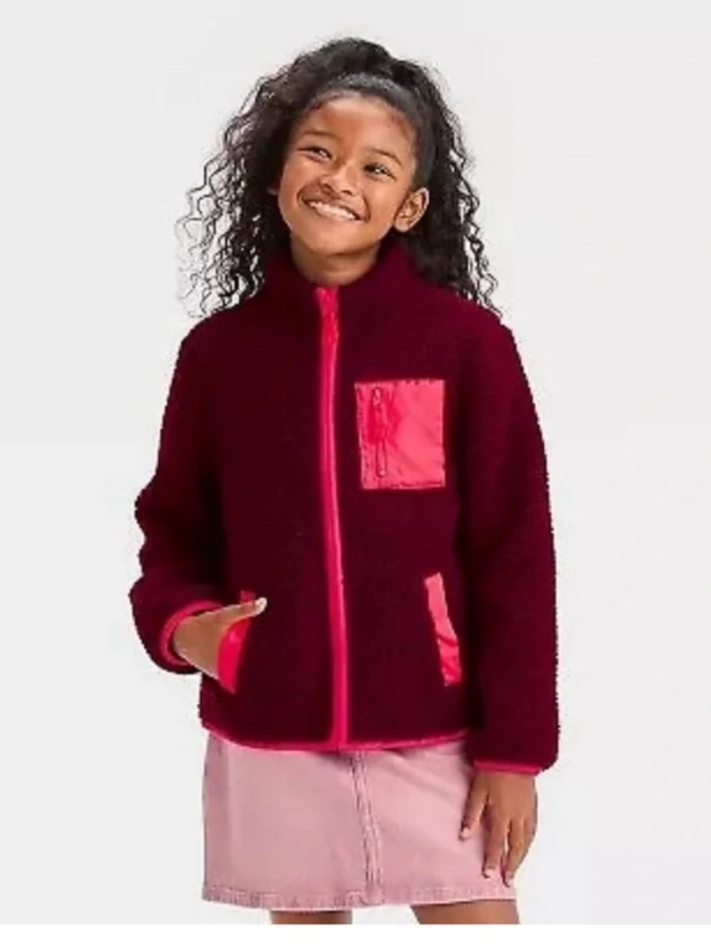 NWOT Cat & Jack Burgundy Sherpa Jacket with Pink Trim